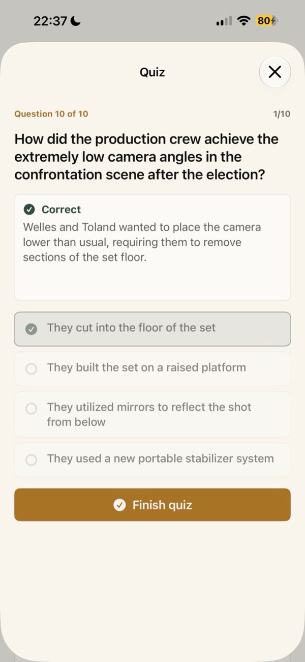 A completed Citizen Kane quiz question in Screen Path