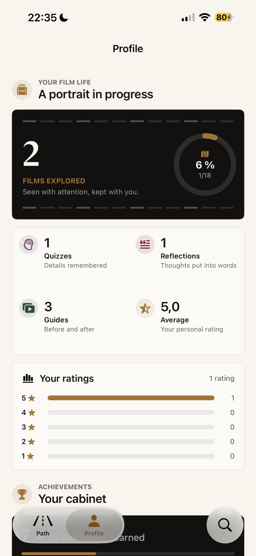 Personal film profile with progress, ratings, and achievements