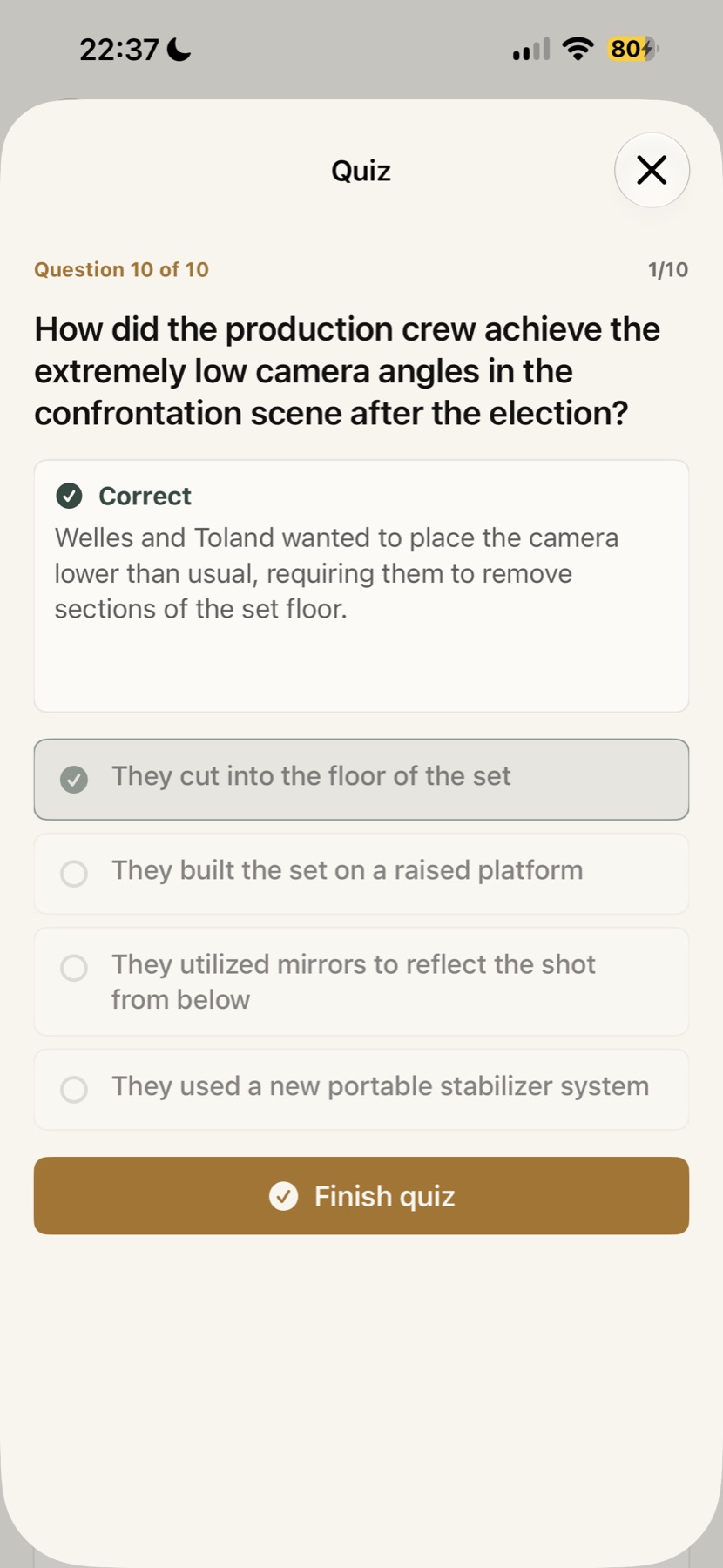 A completed Citizen Kane quiz question in Screen Path